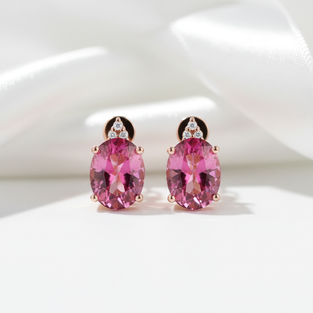 3.5 Ct Oval Pink Topaz with 0.07 Ct Diamond Options 14k Rose Gold Earrings-Black Diamonds New York