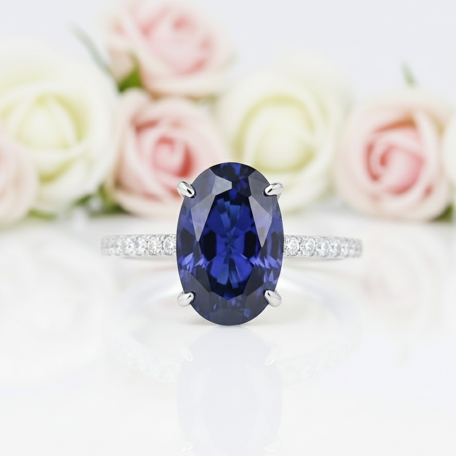 3.5ct Blue Sapphire Oval Cut Diamond Engagement Ring-Black Diamonds New York