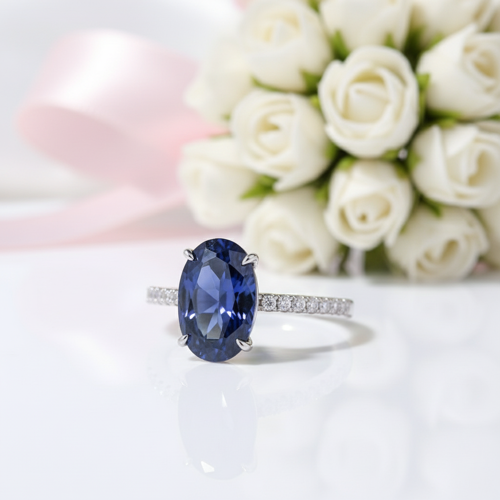 3.5ct Blue Sapphire Oval Cut Diamond Engagement Ring-Black Diamonds New York