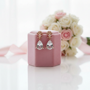 3.5ct Clear Pear Topaz 0.07ct Diamond Options 14k Rose Gold Dangle Earrings-Black Diamonds New York