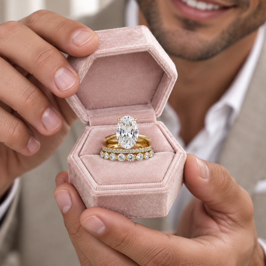 A close-up lifestyle shot of a man holding an open hexagonal pink velvet ring box. Inside the box are two gold rings: one featuring a large oval-cut diamond center stone, and the other featuring a row of small round diamonds.