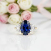 3.5ct Three Stone Blue Sapphire Oval Cut Yellow Gold Engagement Ring-Black Diamonds New York