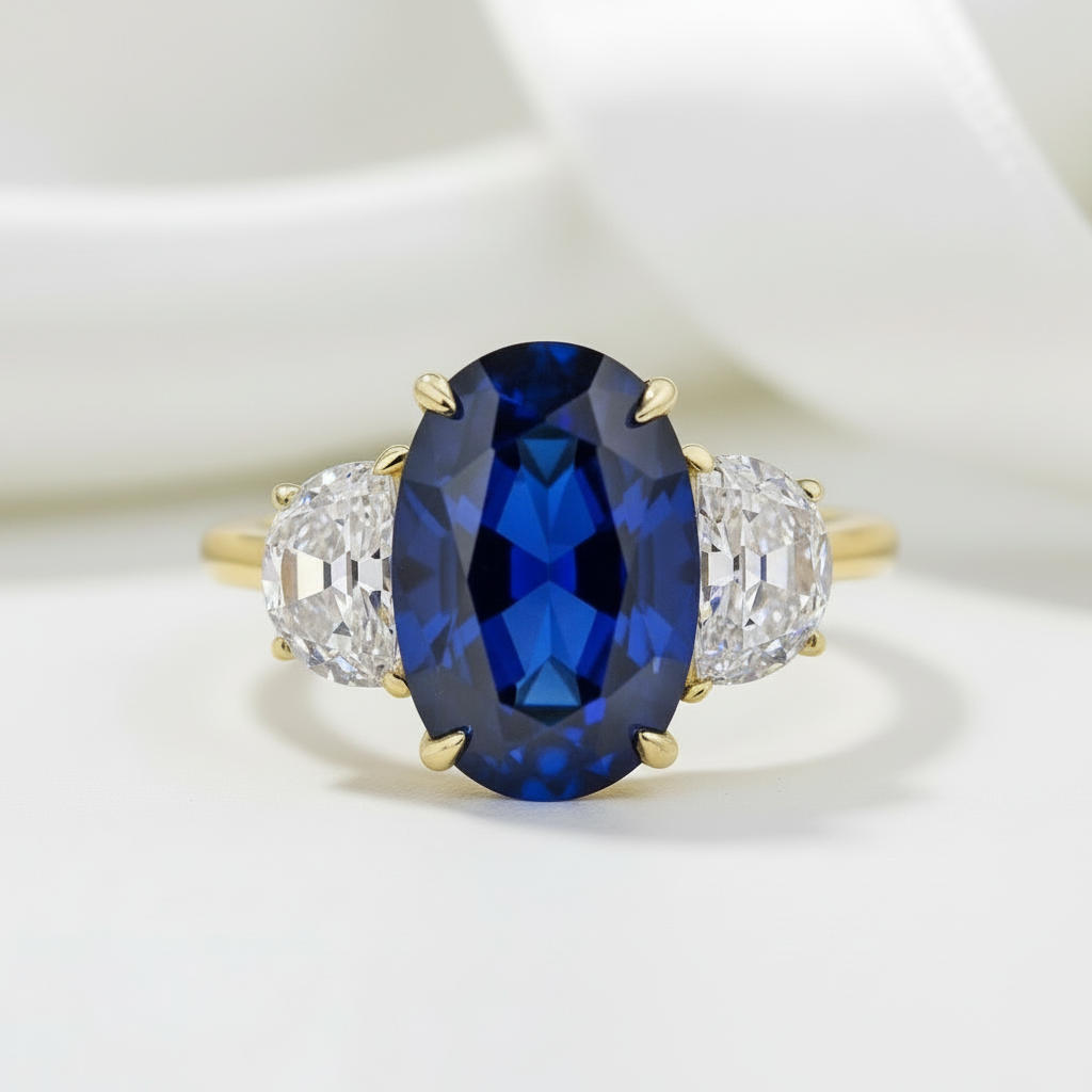 3.5ct Three Stone Blue Sapphire Oval Cut Yellow Gold Engagement Ring-Black Diamonds New York
