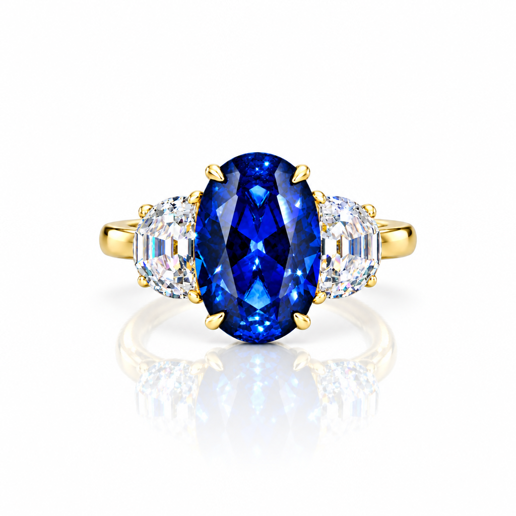 3.5ct Three Stone Blue Sapphire Oval Cut Yellow Gold Engagement Ring-Black Diamonds New York