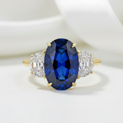 3.5ct Three Stone Blue Sapphire Oval Cut Yellow Gold Engagement Ring-Black Diamonds New York