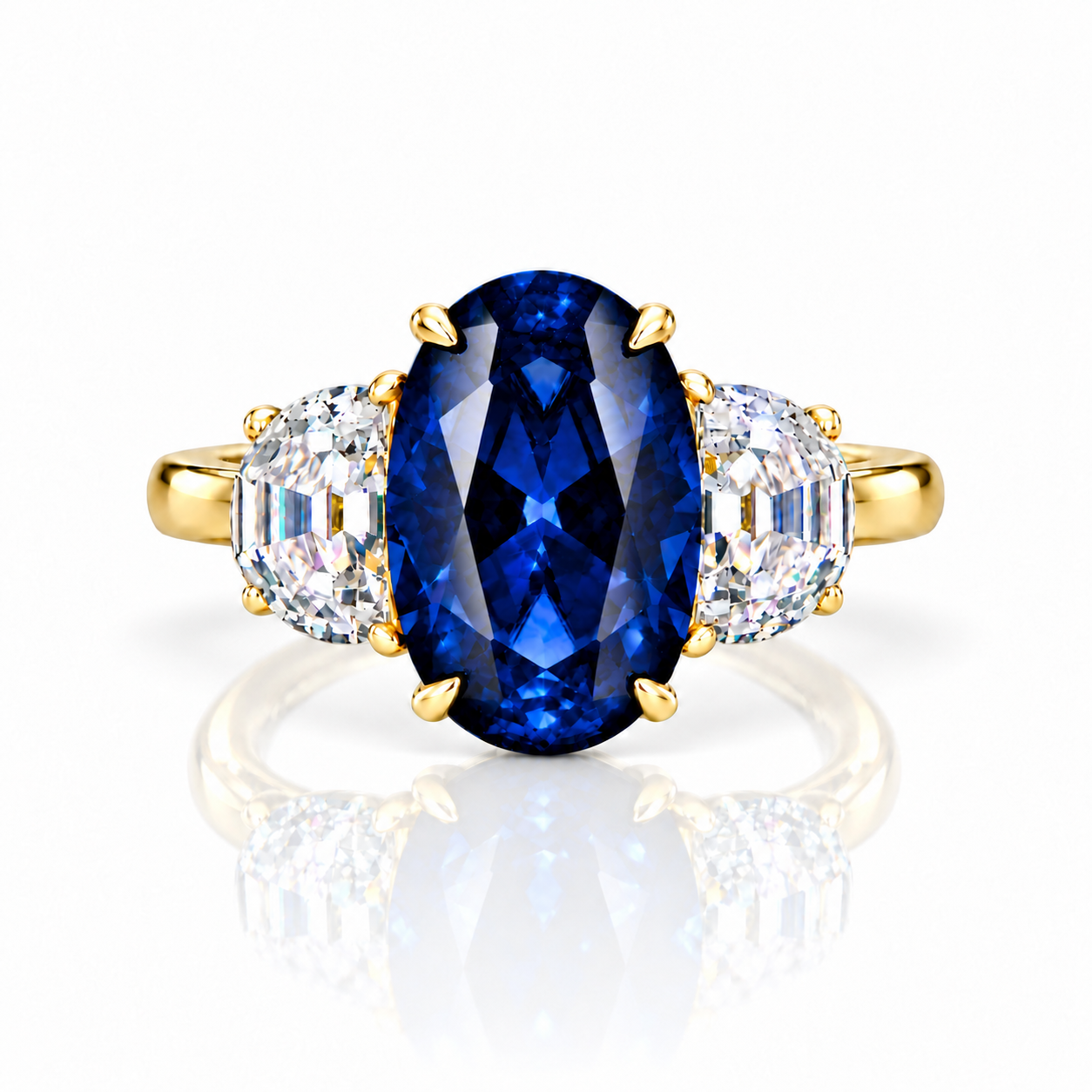 3.5ct Three Stone Blue Sapphire Oval Cut Yellow Gold Engagement Ring-Black Diamonds New York