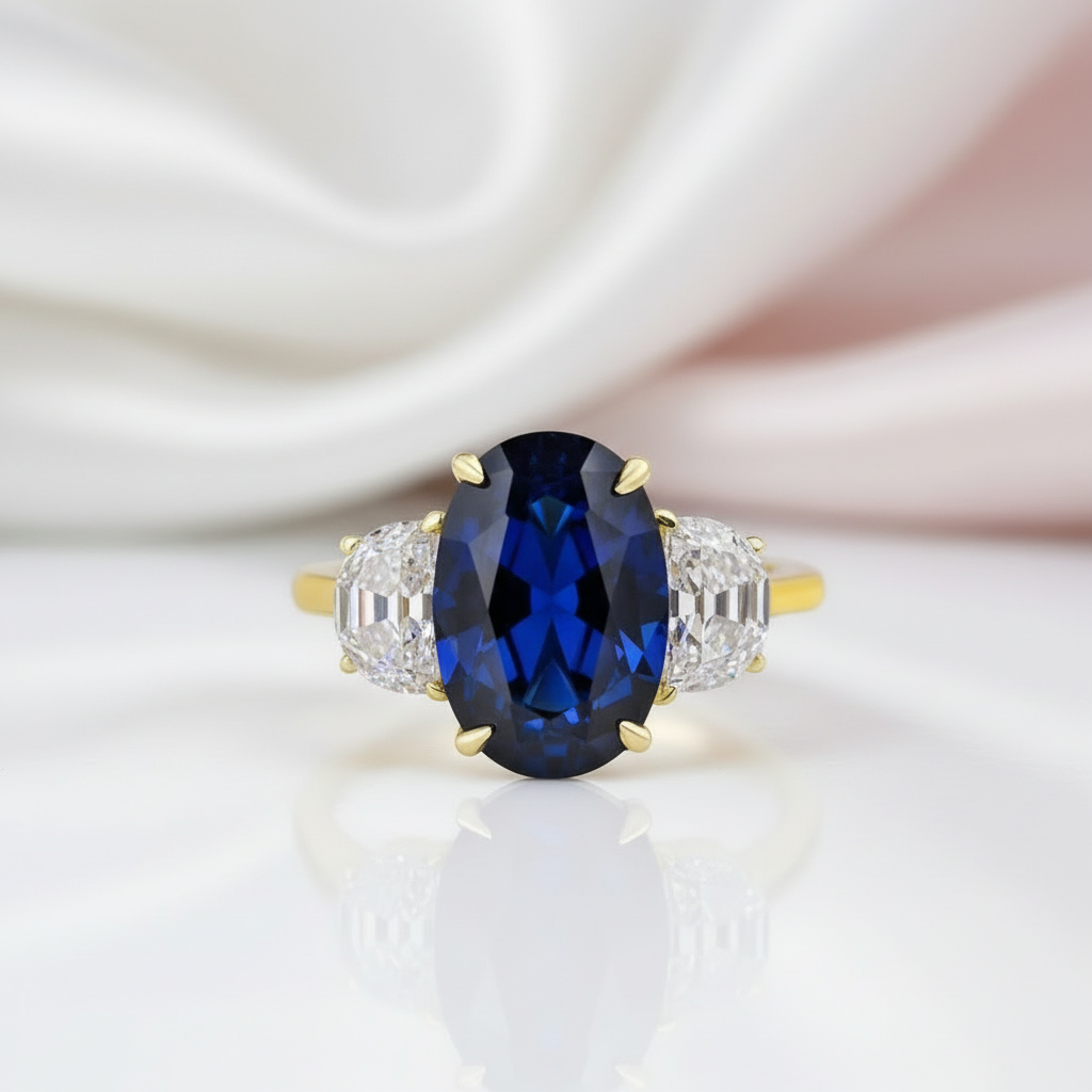 3.5ct Three Stone Blue Sapphire Oval Cut Yellow Gold Engagement Ring-Black Diamonds New York