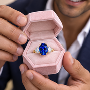 3.5ct Three Stone Blue Sapphire Oval Cut Yellow Gold Engagement Ring-Black Diamonds New York