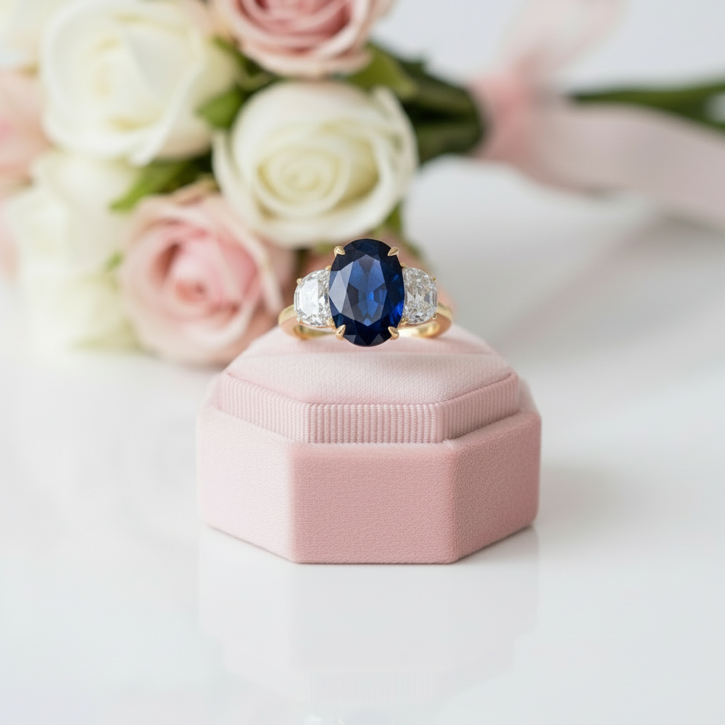 3.5ct Three Stone Blue Sapphire Oval Cut Yellow Gold Engagement Ring-Black Diamonds New York