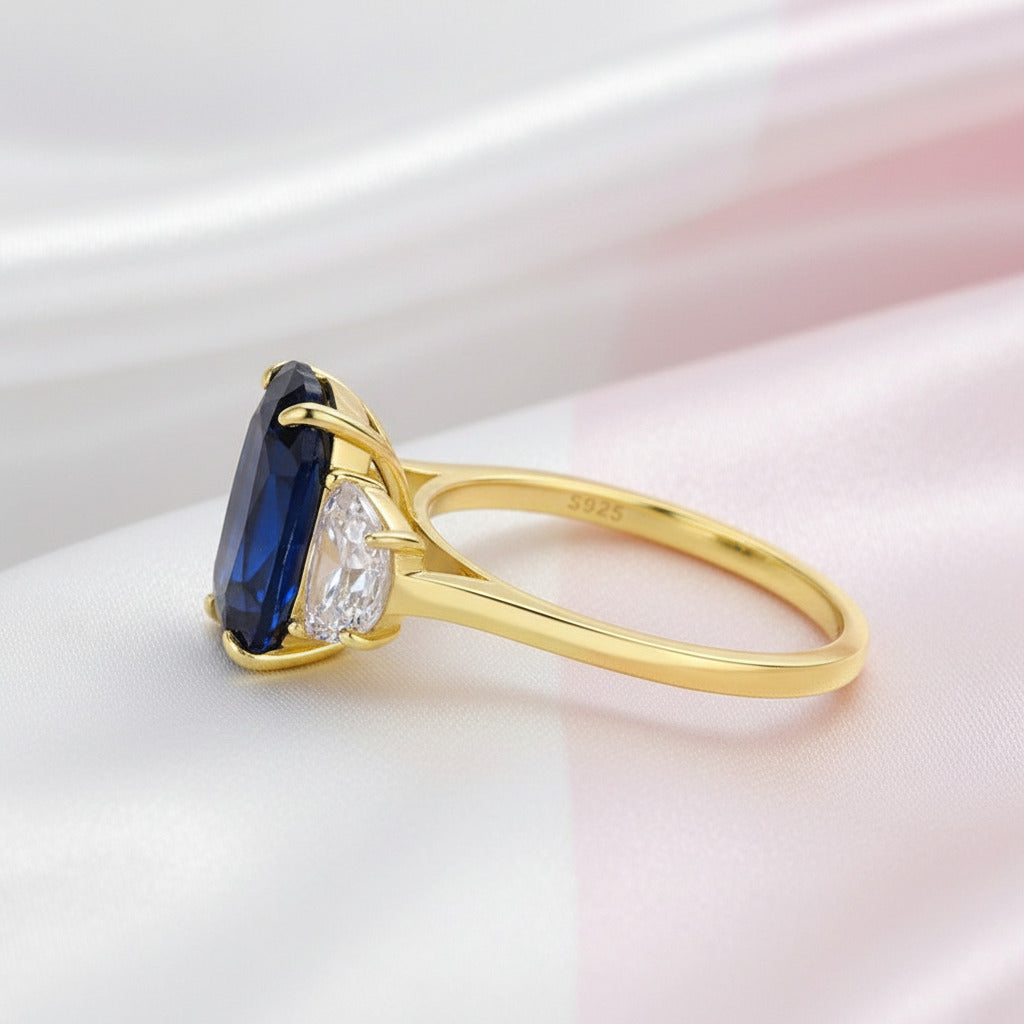 3.5ct Three Stone Blue Sapphire Oval Cut Yellow Gold Engagement Ring-Black Diamonds New York