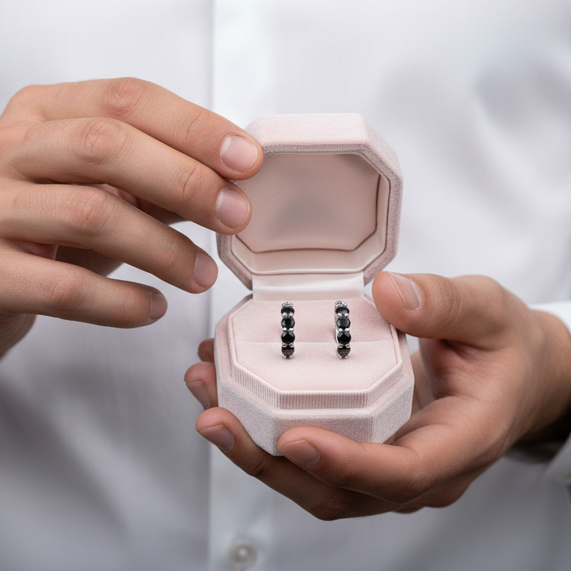 3.5mm 2.0 Ct Black Diamond Round Hoop Earrings