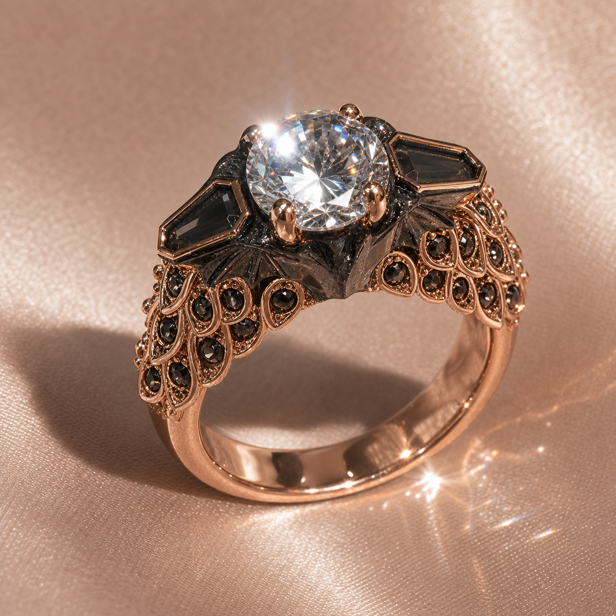 Bat's Kiss Promise Ring- 1.5 Ct Round and Coffin Cut Diamond Option Gothic Ring-Black Diamonds New York
