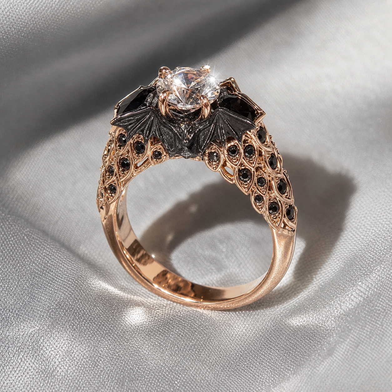 Bat's Kiss Promise Ring- 1.5 Ct Round and Coffin Cut Diamond Option Gothic Ring-Black Diamonds New York