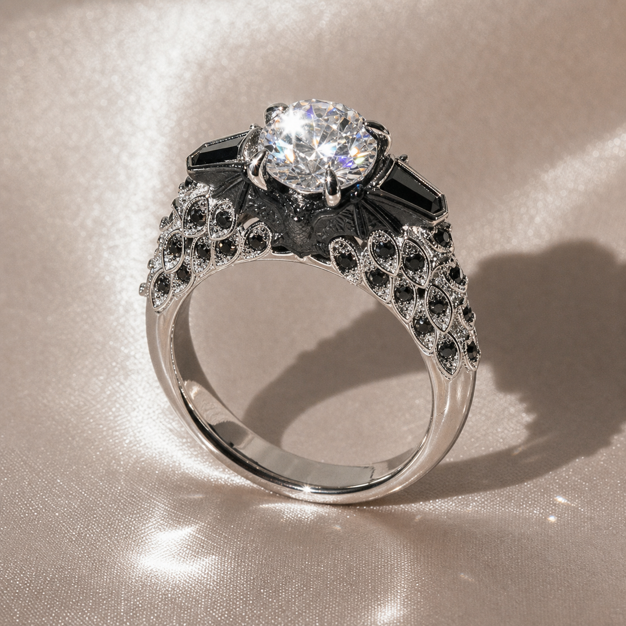 Bat's Kiss Promise Ring- 1.5 Ct Round and Coffin Cut Diamond Option Gothic Ring-Black Diamonds New York