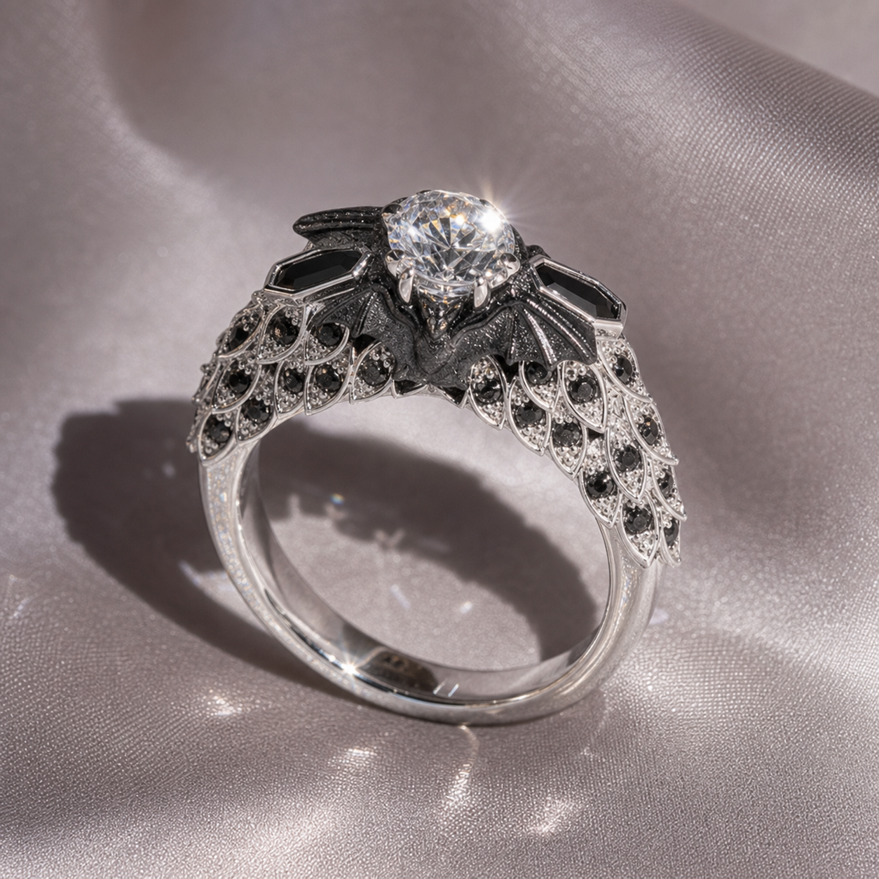 Bat's Kiss Promise Ring- 1.5 Ct Round and Coffin Cut Diamond Option Gothic Ring-Black Diamonds New York
