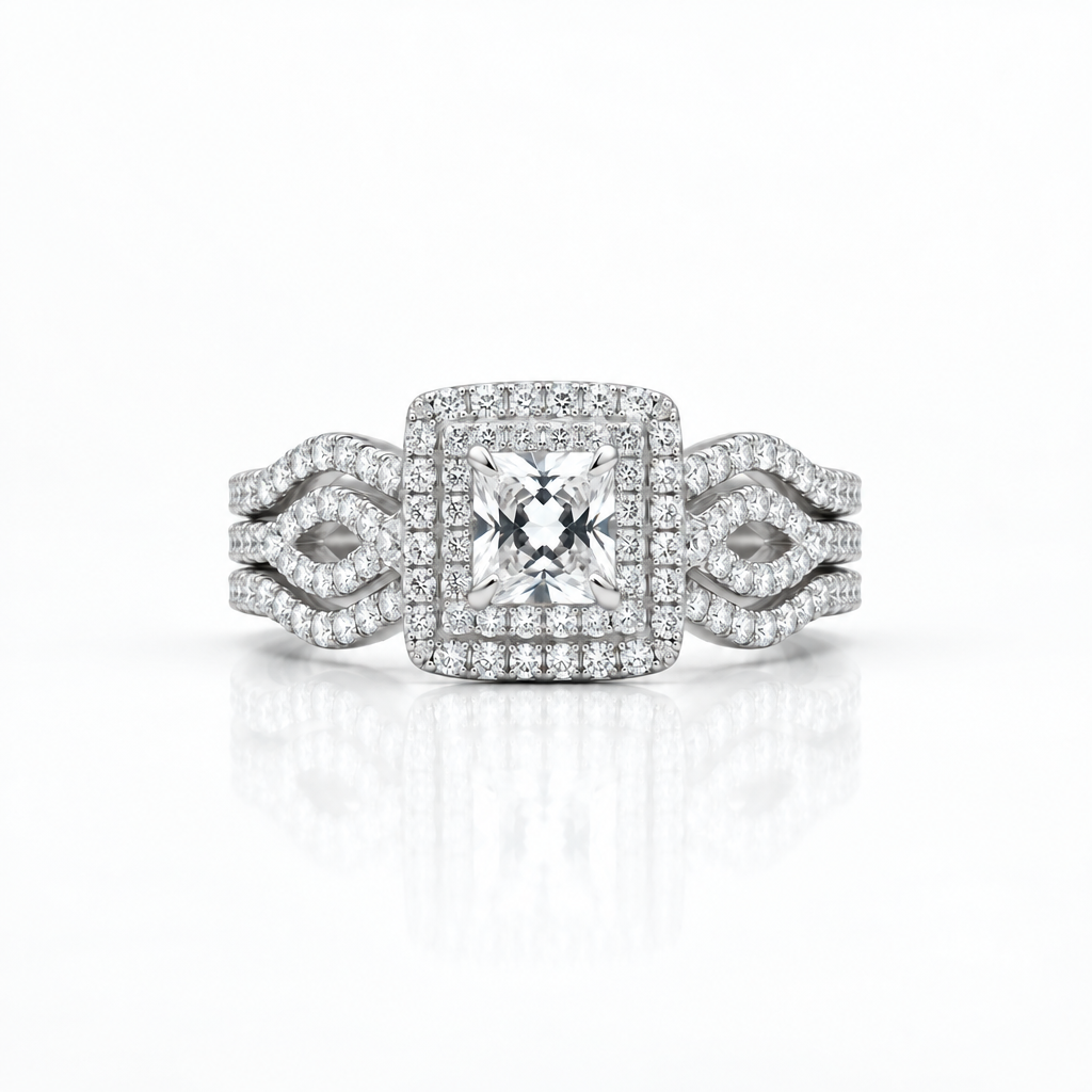 3Pcs 2.4 Ct Princess Cut White Diamond Option Double Halo Ring Set-Black Diamonds New York