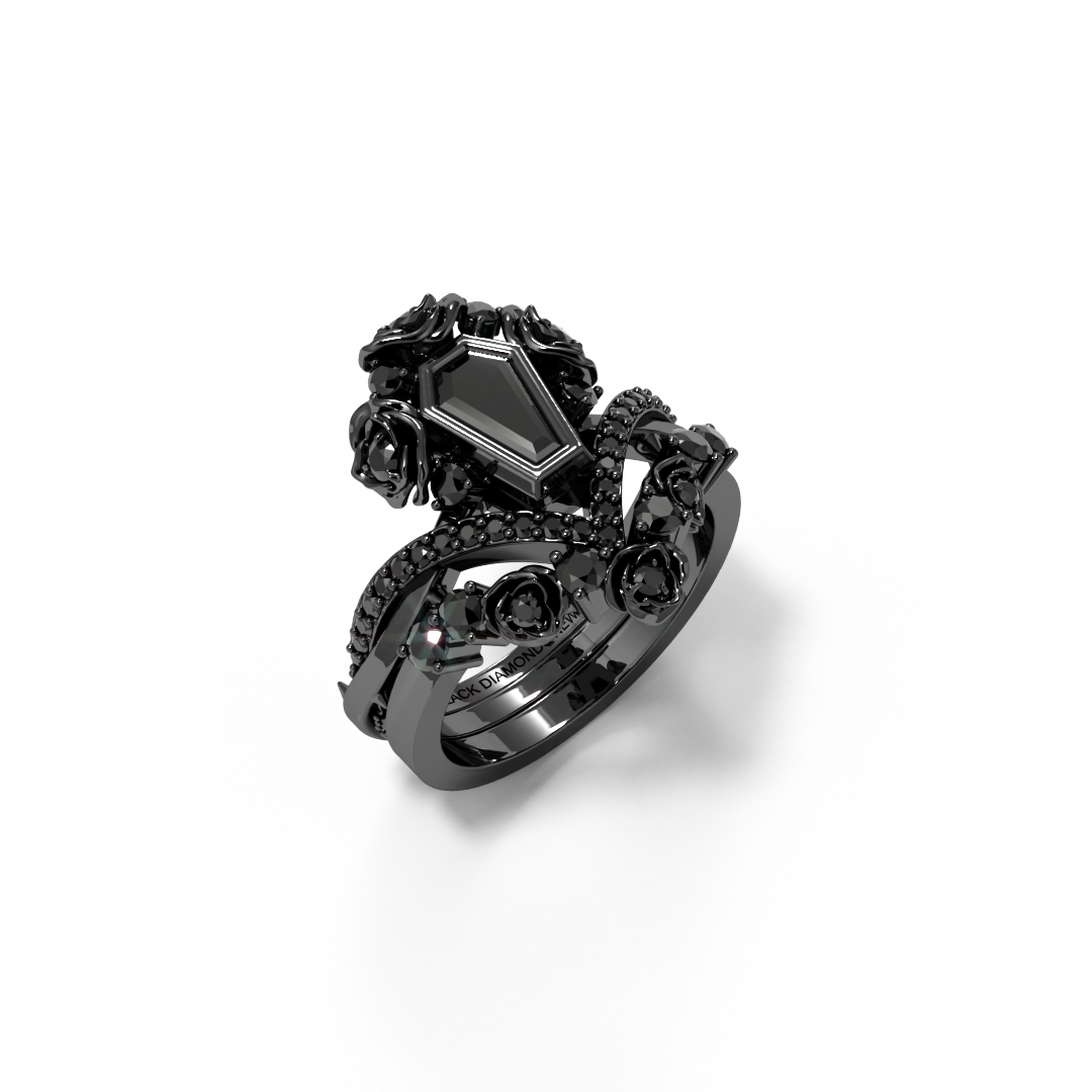 Gothic Romance Wedding Rings- Coffin Cut Diamond with Black Roses in 14k White Gold Band with Thorns-Black Diamonds New York