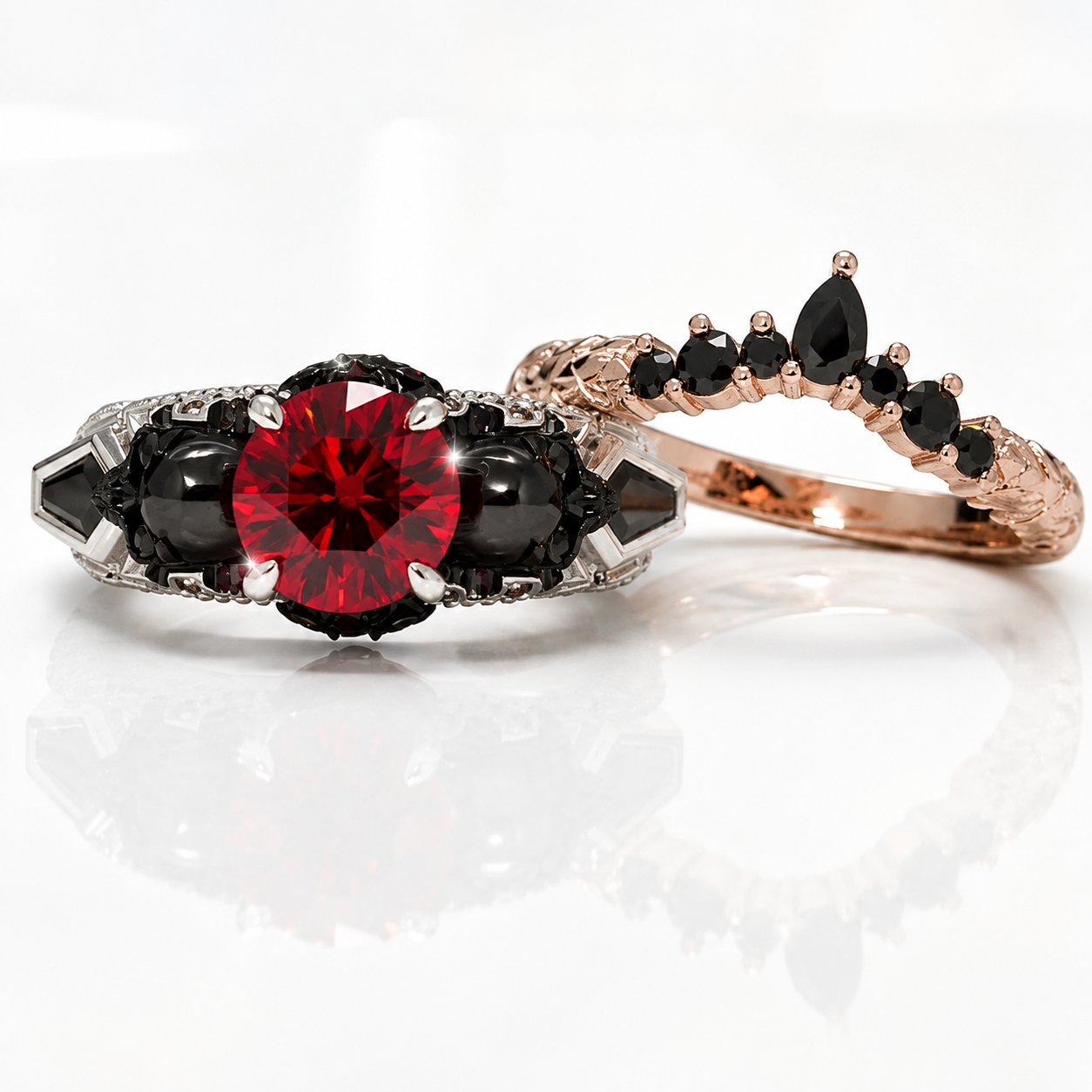 Eternal Flame- Round Cut Diamond Option Coffin Wedding Ring Set-Black Diamonds New York
