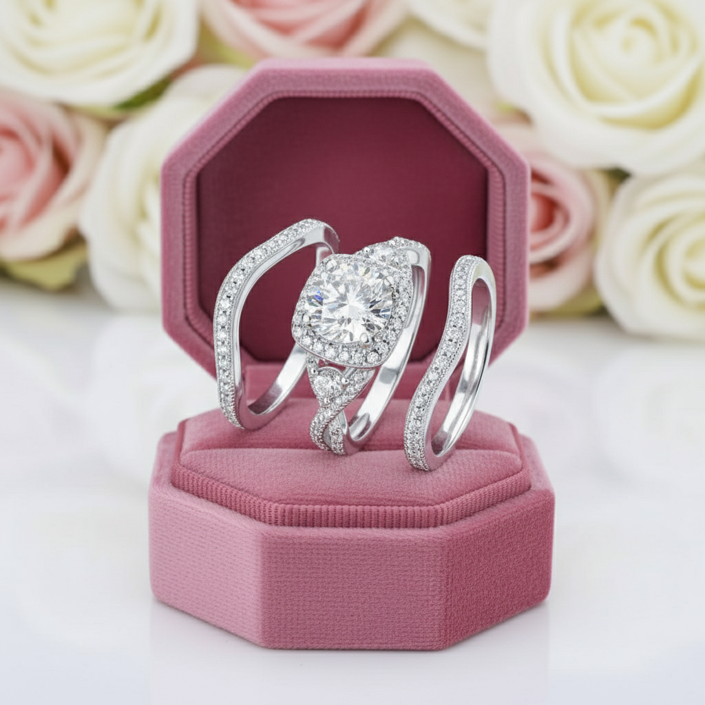 3 Piece Round Cut Diamond Option Engagement Ring Set-Black Diamonds New York
