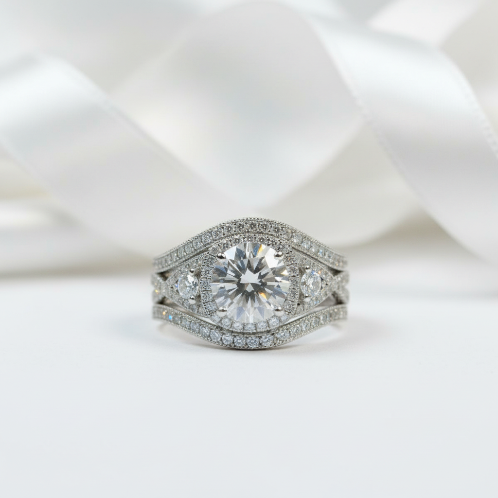 3 Piece Round Cut Diamond Engagement Ring Set-Black Diamonds New York