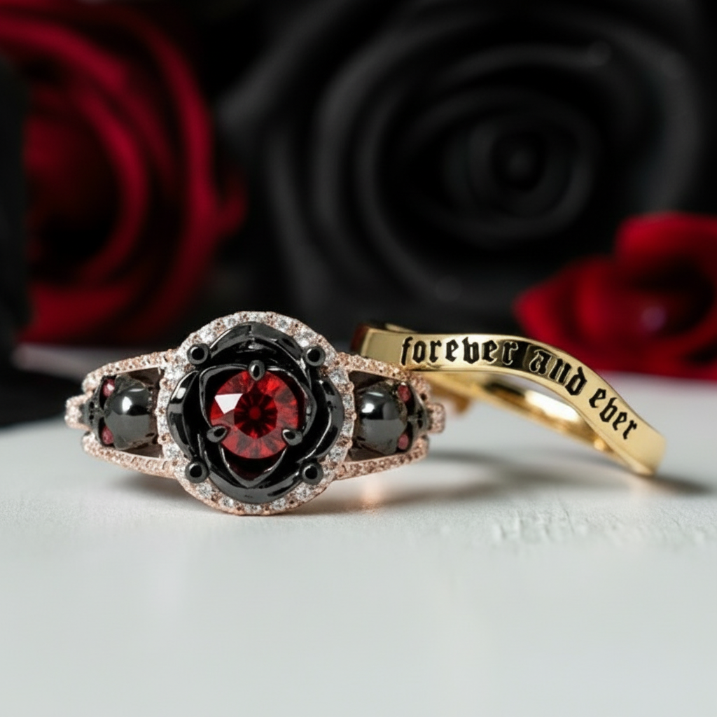 Forever And Ever Wedding Rings- 14k Rose Gold with Skulls-Black Diamonds New York