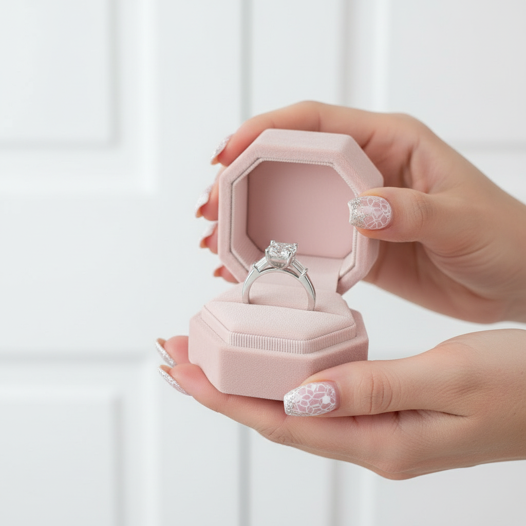Hand holding a pink jewelry box with a silver ring inside against a white background