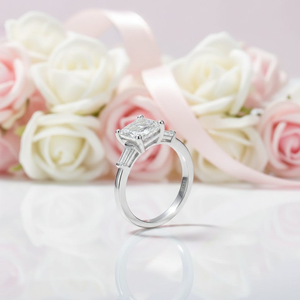 Diamond ring with a bouquet of pink and white roses in the background