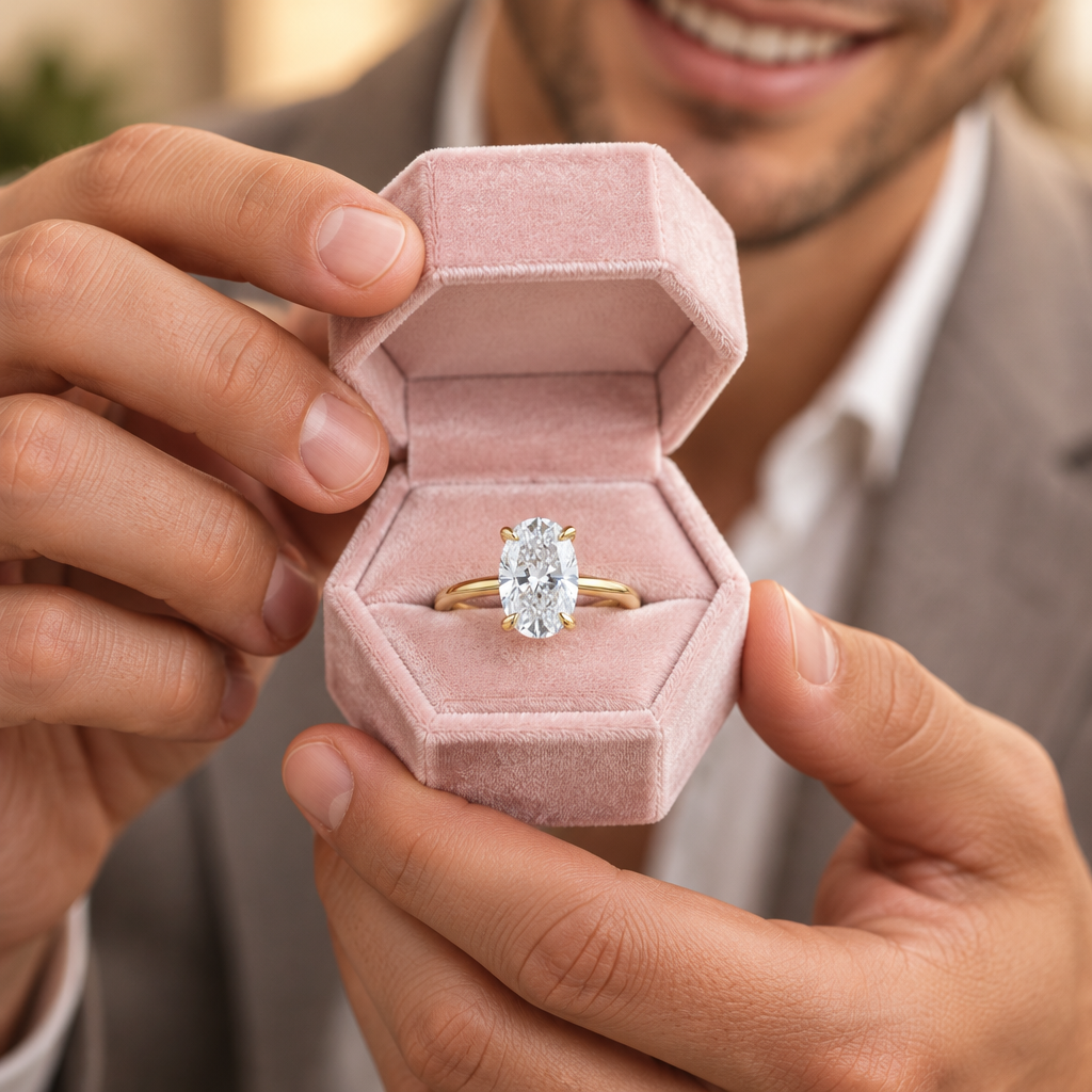 A close-up of a man holding an open pink velvet ring box that displays a yellow gold ring with a marquise-cut clear gemstone. The man is wearing a gray suit jacket and white collared shirt, with a soft-focus background.