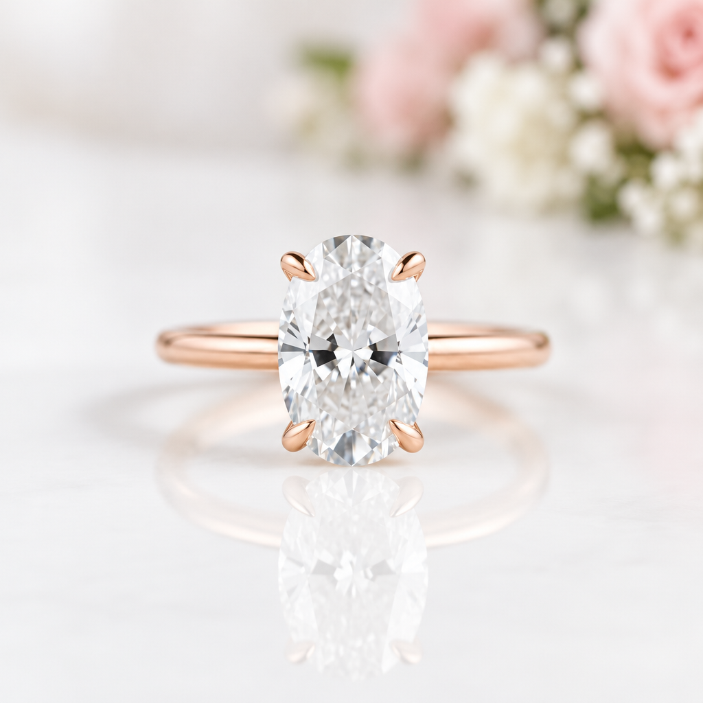 A rose gold engagement ring with a large oval-cut diamond set in a four-prong setting, resting on a white marble surface with a soft reflection and blurred pink flowers in the background.