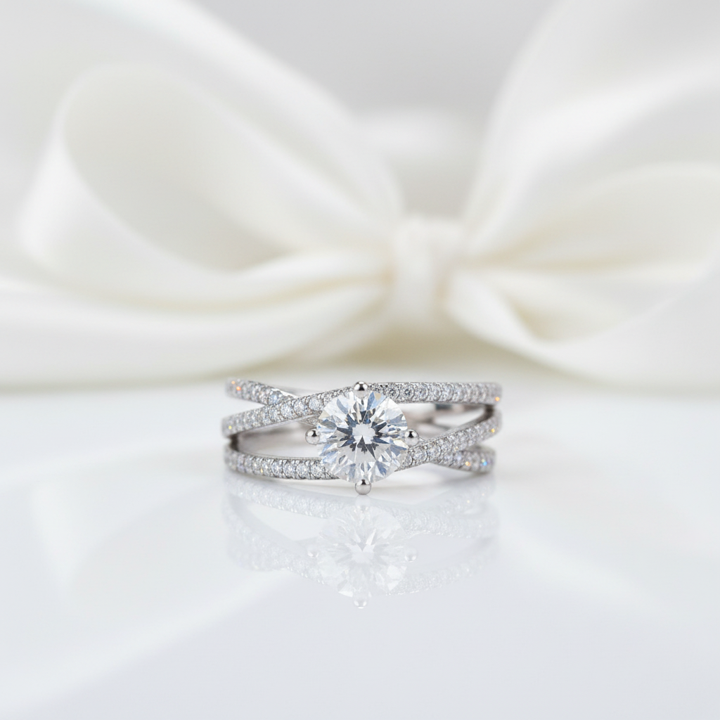 Silver ring with a diamond on a white satin background