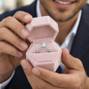 A close-up of a man holding an open light pink velvet engagement ring box, showcasing a silver-toned diamond ring with a halo setting inside.