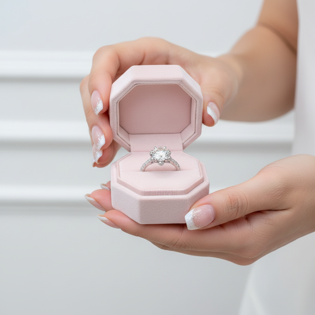 Pink jewelry box with a diamond ring held by hands against a light background