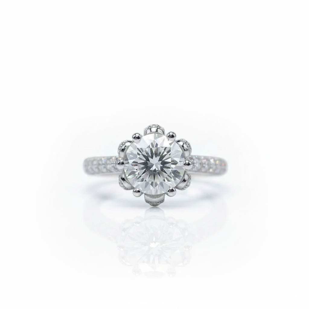 A silver-tone halo engagement ring featuring a round-cut center stone and pavé-set side stones, centered on a clean white background with a soft reflection below.