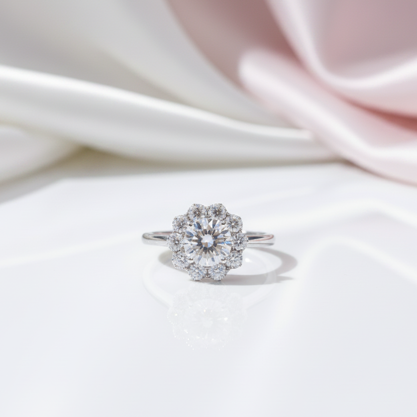 3.0 Ct Round Cut Crackling Diamond Option Flower Halo Engagement Ring-Black Diamonds New York