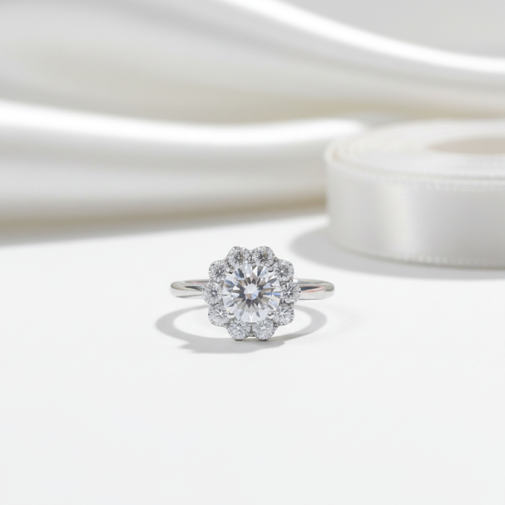 3.0 Ct Round Cut Crackling Diamond Option Flower Halo Engagement Ring-Black Diamonds New York