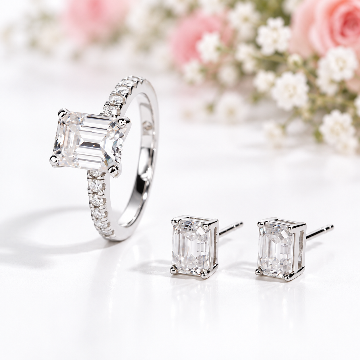 3ct Emerald Cut Certified Moissanite Engagement Ring and Earrings Set-Black Diamonds New York