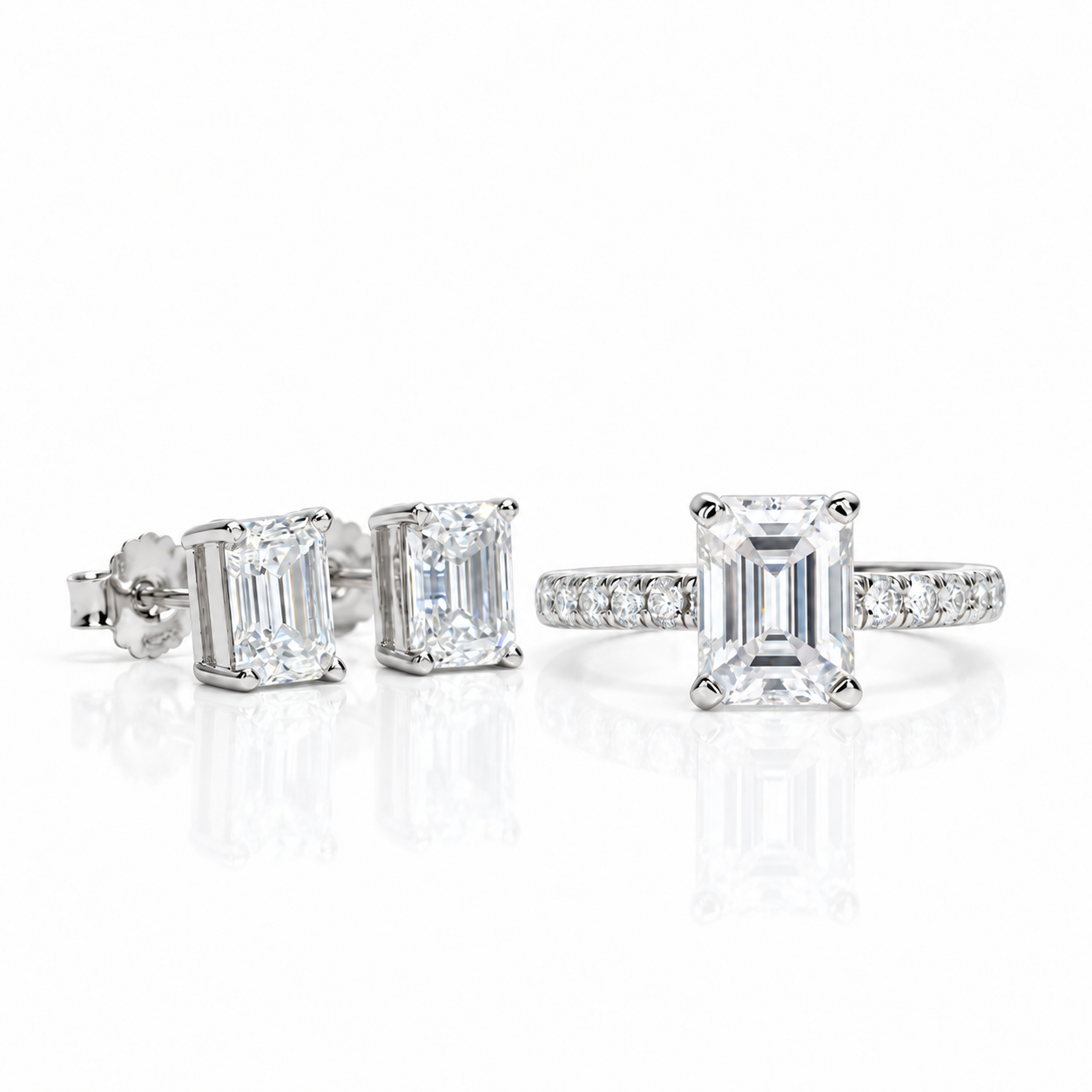 3ct Emerald Cut Certified Moissanite Engagement Ring and Earrings Set-Black Diamonds New York