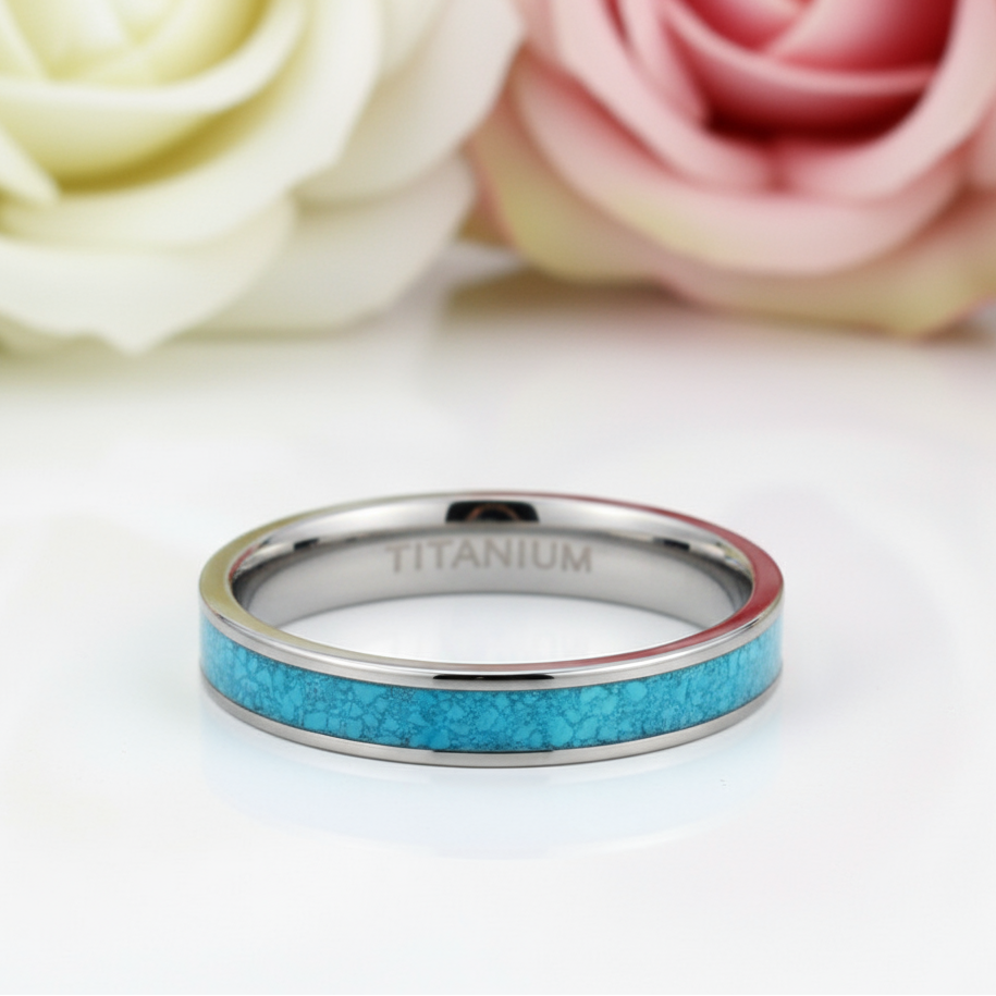 3mm Blue Turquoise Titanium Wedding Band-Black Diamonds New York