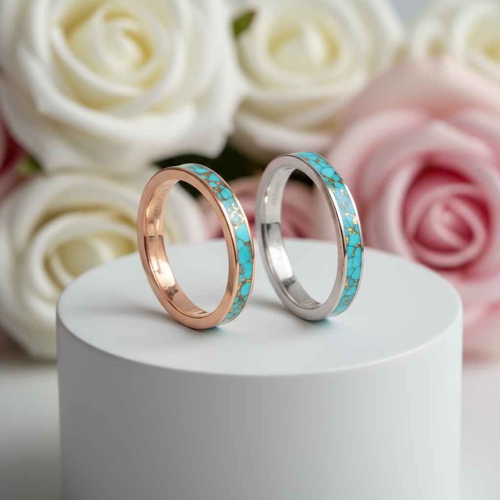 3mm Blue Turquoise Titanium Wedding Band-Black Diamonds New York