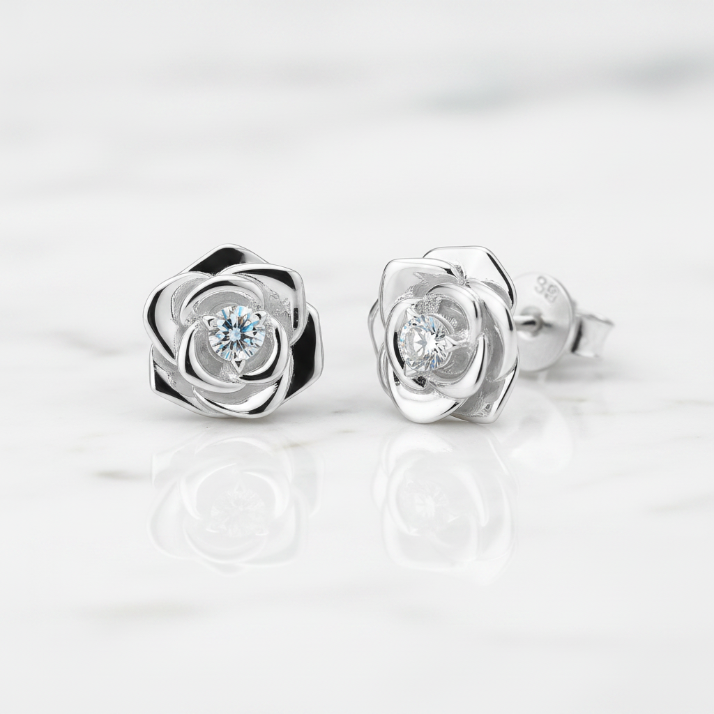 A pair of silver rose stud earrings with a clear round-cut gemstone in the center of each rose, displayed on a white marble surface with soft reflections.