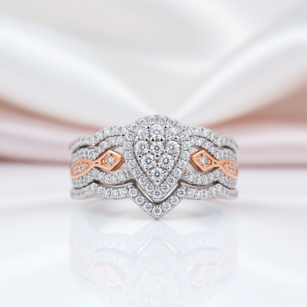 3pc 1.3ct Double Pear Shape Diamond Option Two Tone Ring Set-Black Diamonds New York