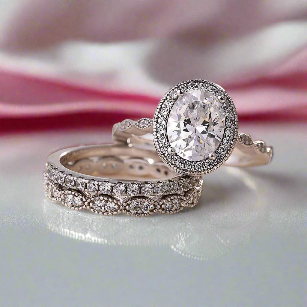 3pc Dainty Milgrain Art Deco Oval Cut Halo Bridal Set-Black Diamonds New York