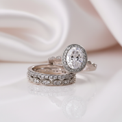 3pc Dainty Milgrain Art Deco Oval Cut Halo Bridal Set-Black Diamonds New York