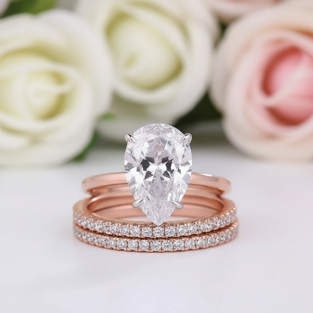 3pc Rose Gold Classic Pear Cut Wedding Ring Set-Black Diamonds New York