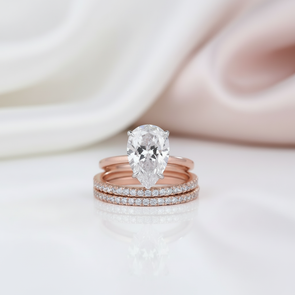 3pc Rose Gold Classic Pear Cut Wedding Ring Set-Black Diamonds New York