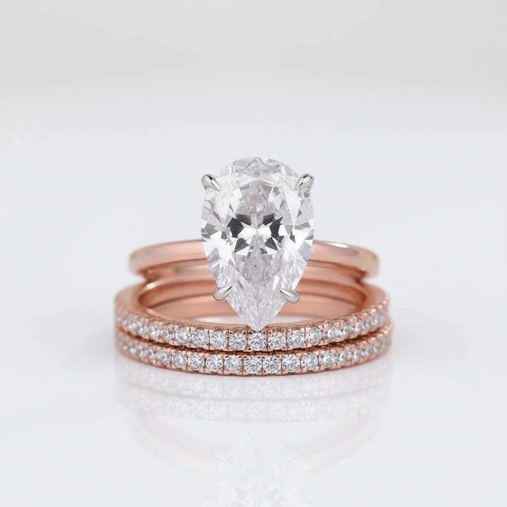 3pc Rose Gold Classic Pear Cut Wedding Ring Set-Black Diamonds New York