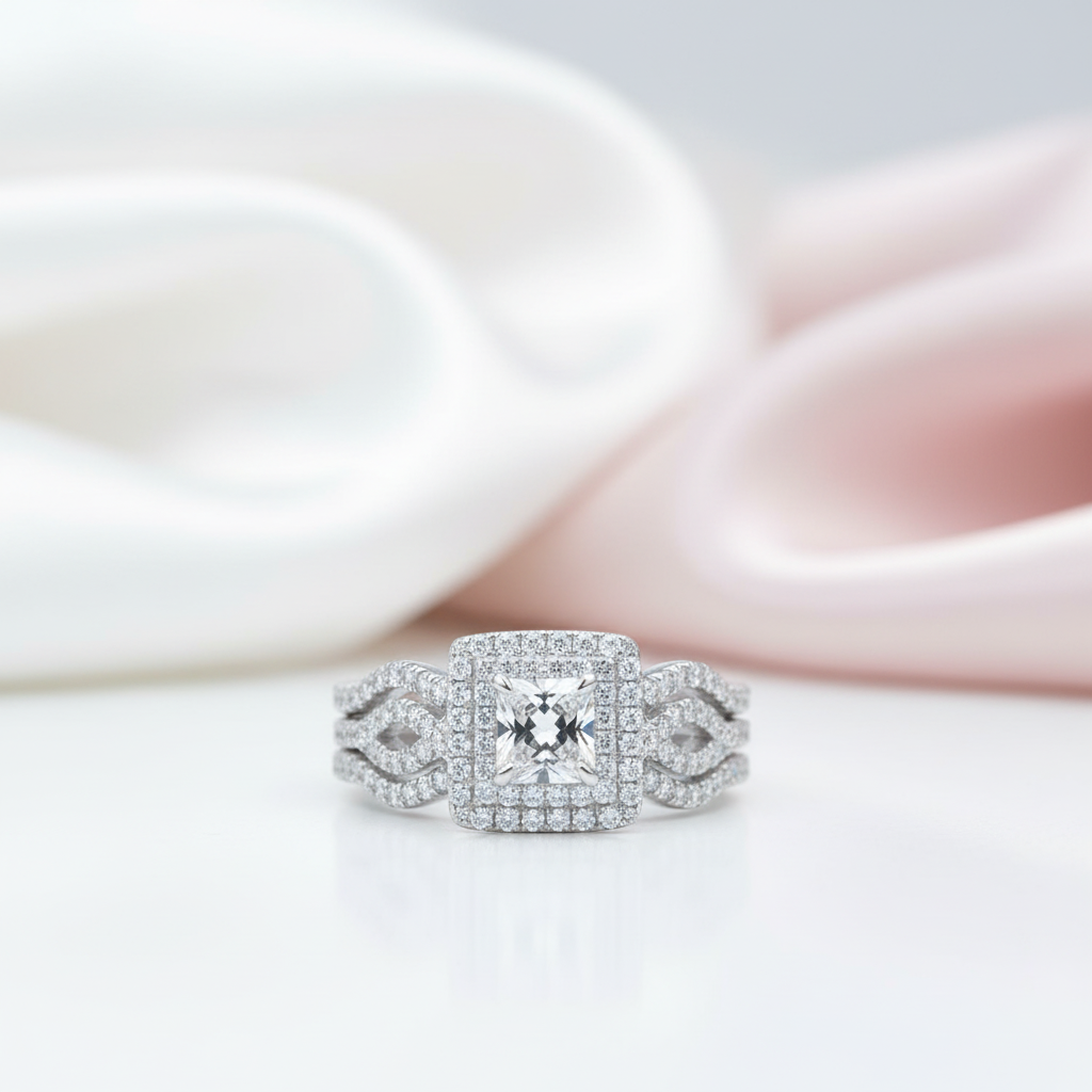 3Pcs 2.4 Ct Princess Cut White Diamond Option Double Halo Ring Set-Black Diamonds New York