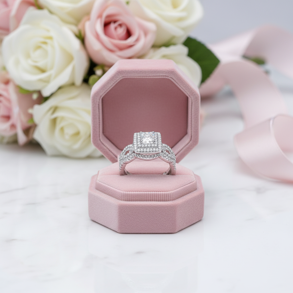 3Pcs 2.4 Ct Princess Cut White Diamond Option Double Halo Ring Set-Black Diamonds New York