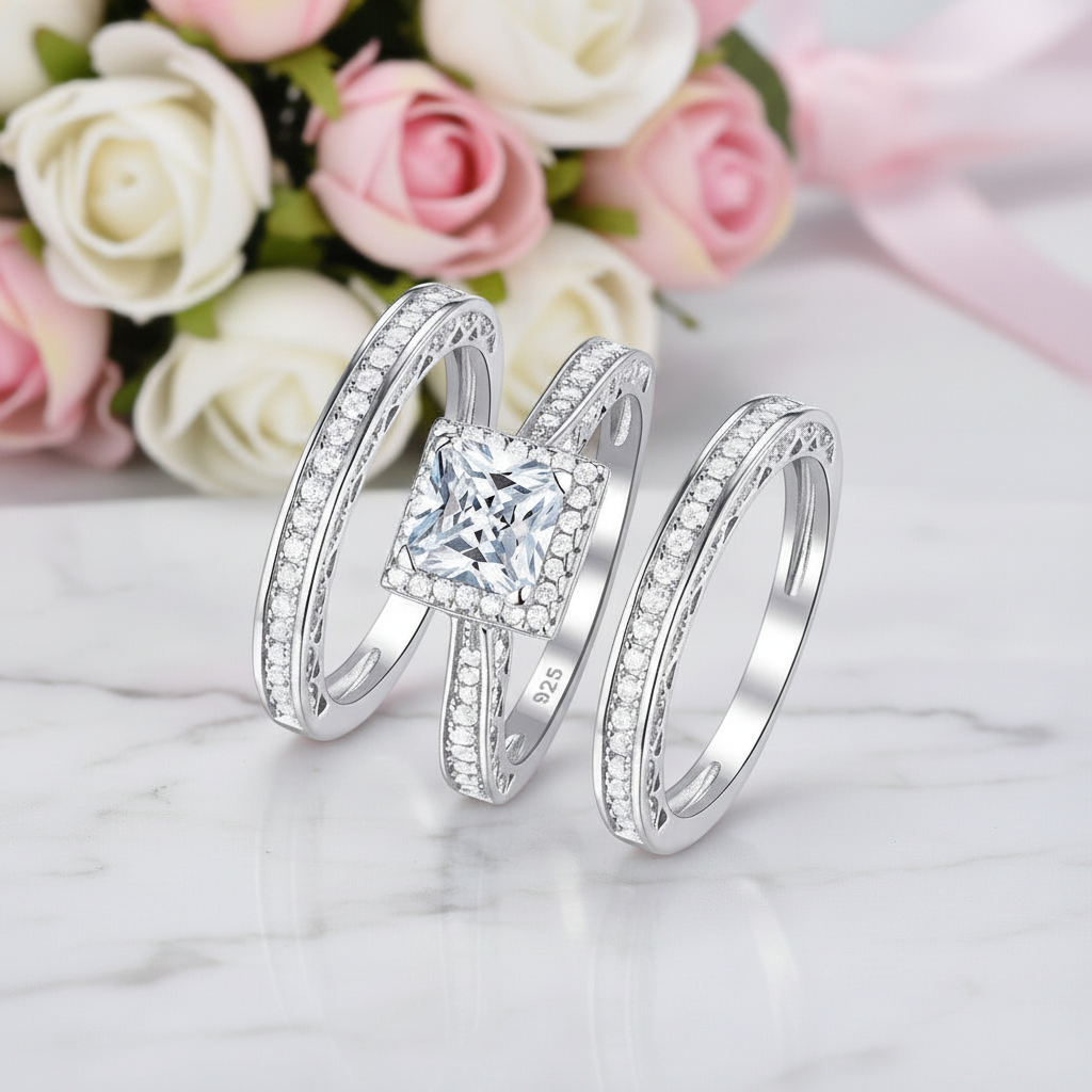 3pcs 2.8ct Princess Cut White Diamond Option Halo Engagement Ring Set-Black Diamonds New York