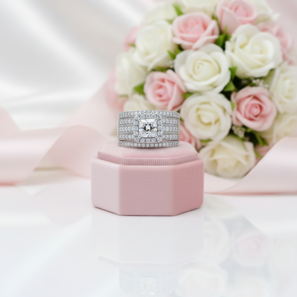 3Pcs Cross Princess Cut Diamond Option Halo Ring Set-Black Diamonds New York